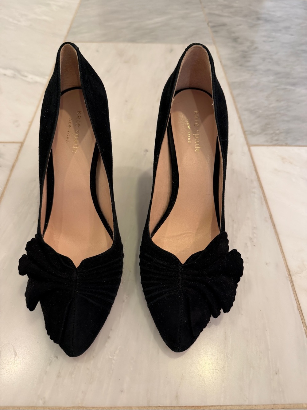 kate spade Black Suede Pointed-Toe Knot Pumps with Decorative Bow
